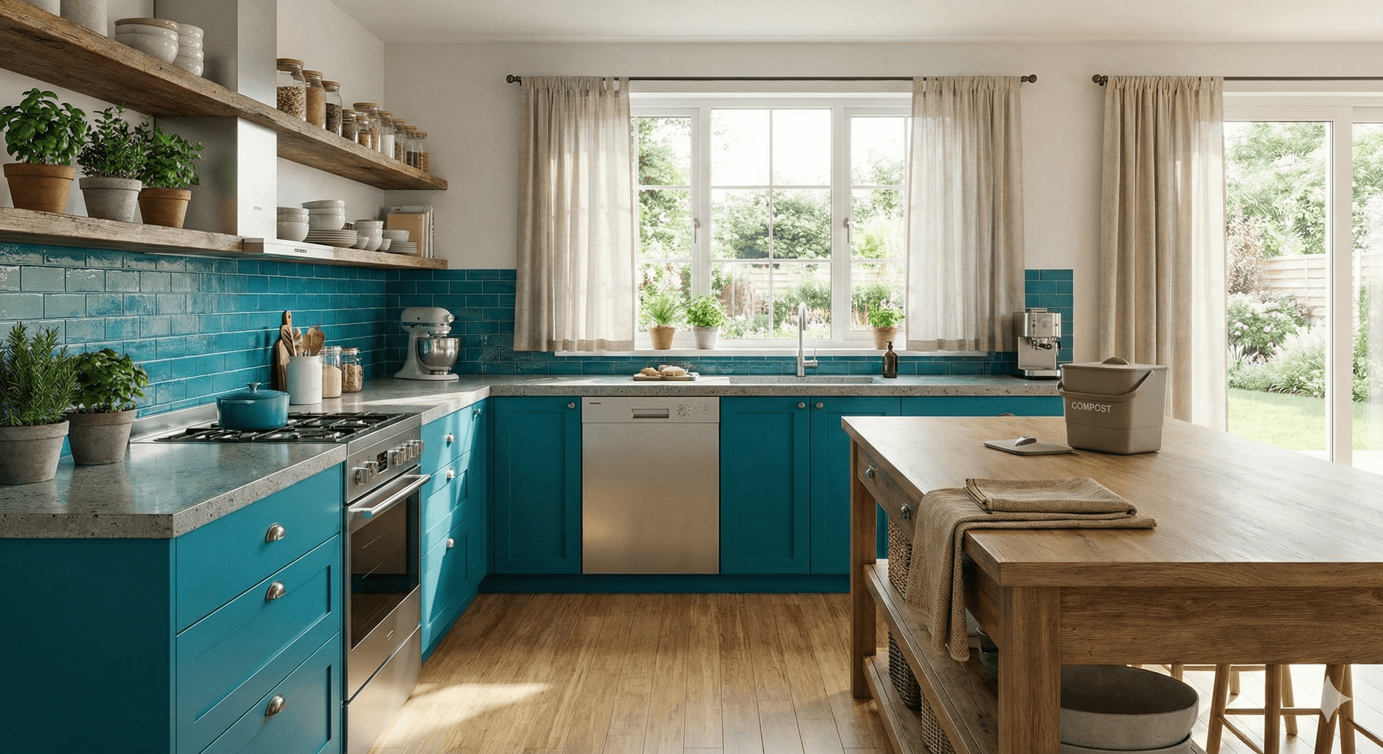 Kitchen with indoor plants, signifying eco-friendly home cleaning.